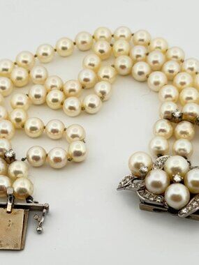 Vintage Three-Strand Akoya Pearl & Diamond Bracelet 10K White Gold 5.50-6mm